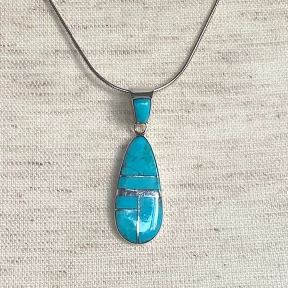 Sterling Silver Inlay Turquoise Teardrop Pendant n - Picture 5 of 14